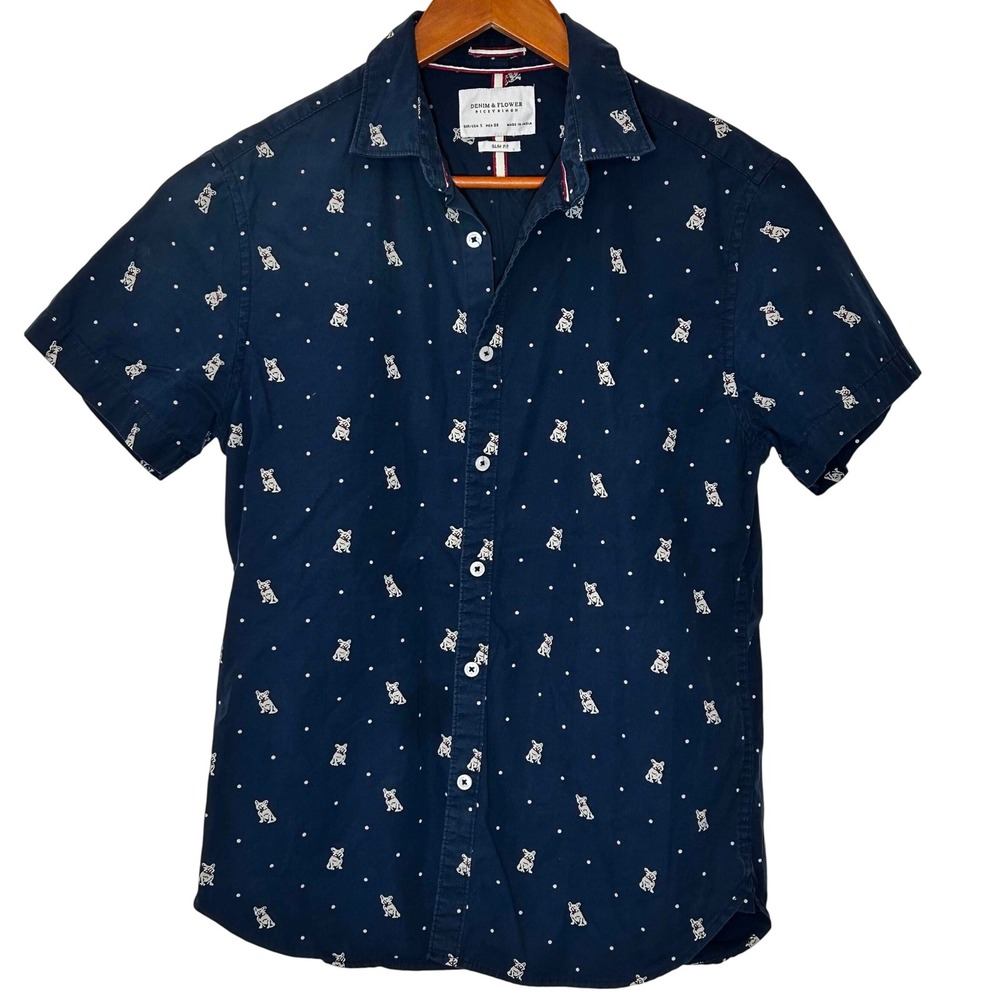 Denim & Flower Ricky Singh Button Down Shirt Men's Small Slim Fit Dog Pattern